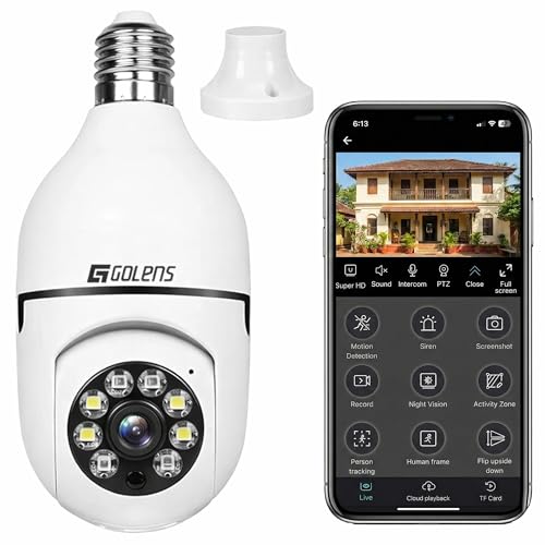 Image of Golens WC10K 1296P WiFi Bulb Security Camera, 360 PTZ, AI Human Detection & Auto Tracking, Full Color Night Vision, 5X Zoom, Two-Way Audio, Motion Alerts, E27 Bulb CCTV Camera