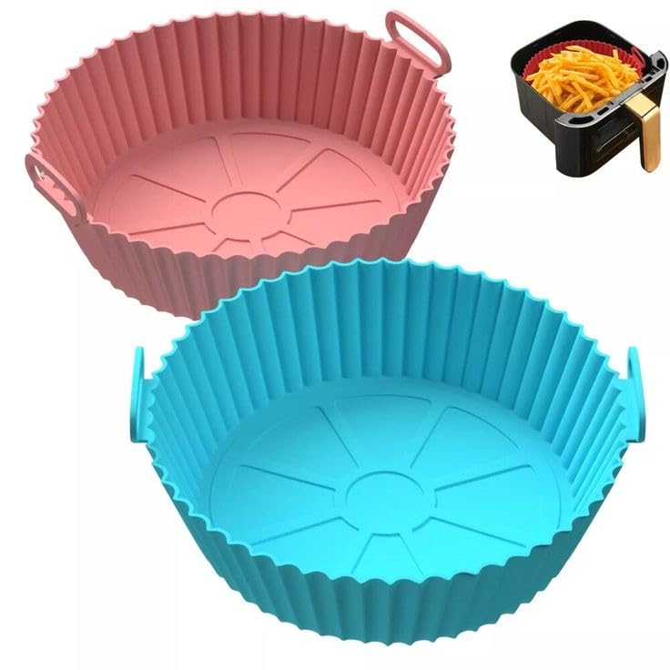 GLADBACK Air Fryer Liners I Round Silicone Basket Baking Tray I Pot with Ear Handles I Nonstick Reusable Heat Resistant I Cooking Oven Insert Accessories - Multicolor (Pack of 2)-image-49