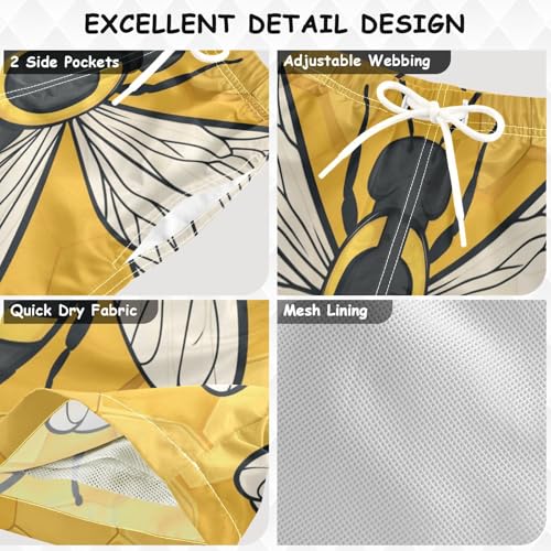 Boys Beach Board Shorts Yellow Bees Insect Funny Swim Trunk Teen Swimwear 8-16Y3