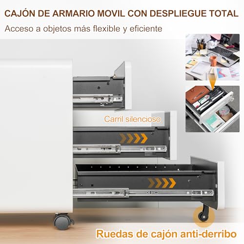 LVSTEEL Cajonera Móvil con 3 Cajones, Archivador de Oficina con Ruedas, Diseño de Esquinas Redondeadas, Completamente Ensamblado, con Cerradura y 4 Llaves, Blanco - imagen 6