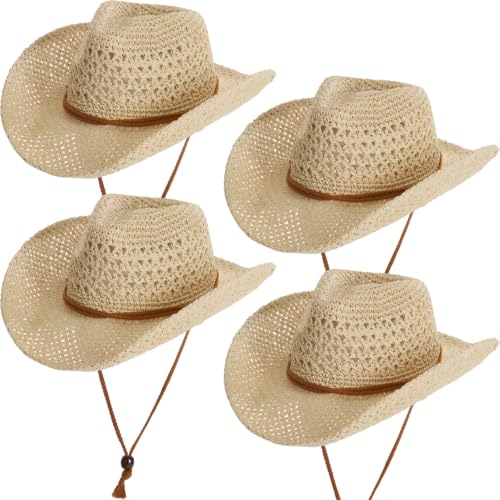 Image of Unittype 4 Pcs Straw Cowboy Hats with Windproof Rope