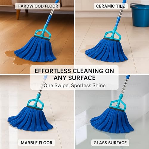 Image of Microfiber Mop with Heavy-Duty 4-Part Stainless Steel Handle - Washable Refill, 38cm Long Threads, for Wet & Dry Cleaning of Tile, Wooden & Marble Floors (Blue, Full Set)