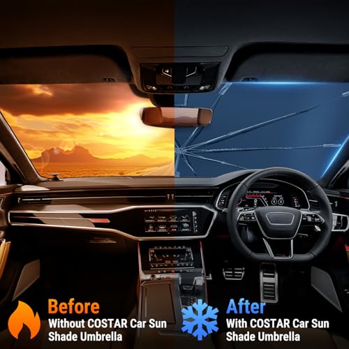 Image of [Upgrade] COSTAR Windshield Sun Shade Umbrella - [Dot-Patterned Silver Reflective Shield] | Anti-Crease, Blocks Heat & UV | Fiberglass Umbrella Ribs | Fits 85% India Cars, Medium (145x85cm)