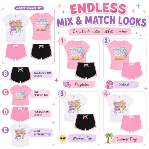 Image of Dreamstar Girls 4 Piece Outfit Set - Sleeveless Graphic Top with Dolphin Shorts, Cute Summer Matching Set for Kids and Tweens