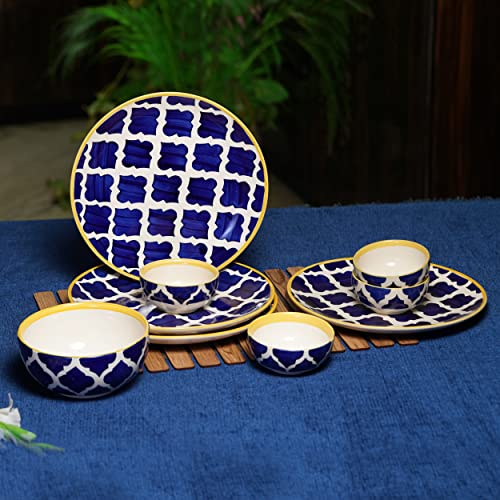 Image of Morrocan /Umrao Hand-Painted Ceramic Dinner Set (9 Pieces, 4 Bowl & 4 Plates and 1 Large Serving Bowl Dishwasher & Microwave Safe) Yellow