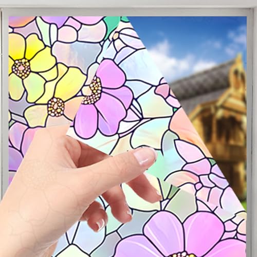 Image of Nuxovilar Sparkle Pink Yellow Mosaic Pattern Window Film 17.7x39.4 PVC | Vibrant Floral, Mosaic Cling colorful flower sticker, glass door wrap for bedroom living room balcony (Pink Yellow)