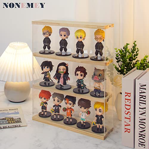 NONEMEY Clear Acrylic Display Case Stand with Wood Base 2 Tier、3 Tier、12/24 Compartments Storage Box Wall Mount Showcase Dustproof Organizer Box for Collectibles (3Tier 12×3.3×15inch)