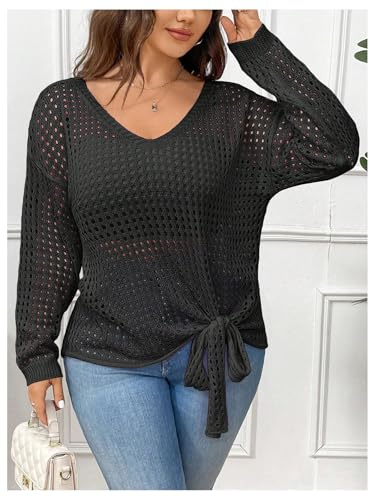 Verdusa Women's Plus Size Hollow Out Crochet Sweaters Bow Tie Knot Pullover Knit Tops4