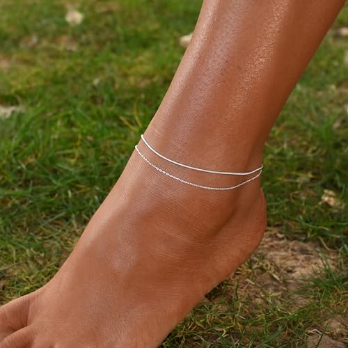 Image of Ankle Bracelets for Women 14K Gold Plated Anklet Silver Anklets Waterproof Evil Eye Beaded Pearl Tennis Crystal Heart Cuba Link Chain Anklets Dainty Jewelry Gift for Her