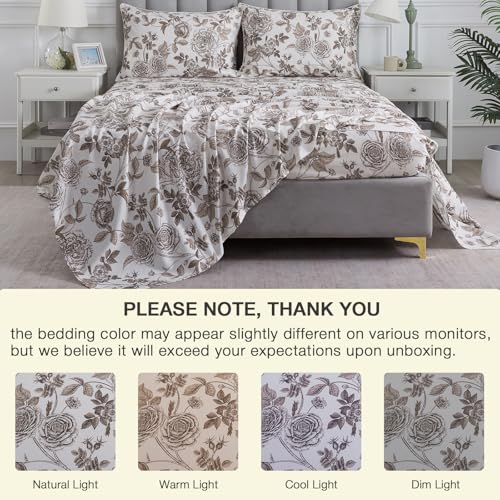 Image of Vintage Brown Floral Percale Sheets Full, 100% Cotton Deep Pocket Flower Patterned Farmhouse Bed Sheets, Light Coffee Leaf Print Crisp Sheet Set, Shabby Chic Toile Bedding, Dark Rose, 4Pcs