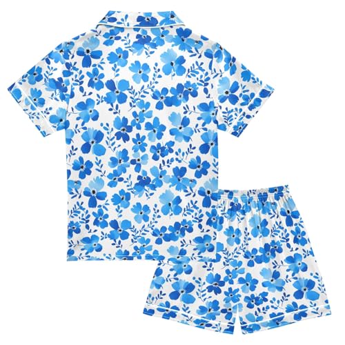 Blue Flower Leaves Pattern Summer Satin Pajama Set, Cute Button-Down Sleepwear Pj Set for Sleep Wears2