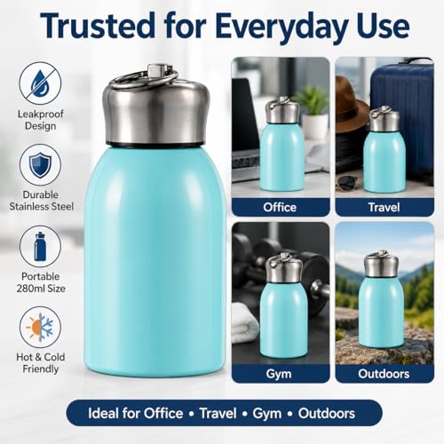 Image of Mini Stainless Steel Vacuum Insulated Water Bottle, 280ml, Black, Leakproof, Hot and Cold, with Keyring Cap (Sky)