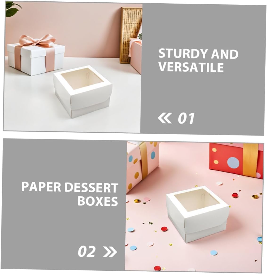 Bakery Cake Boxes with Window 4-inch Square Food-grade 350g White Cardboard with Paper Tray, Portable Dessert Packaging for Cupcakes and Pastries, 25pcs