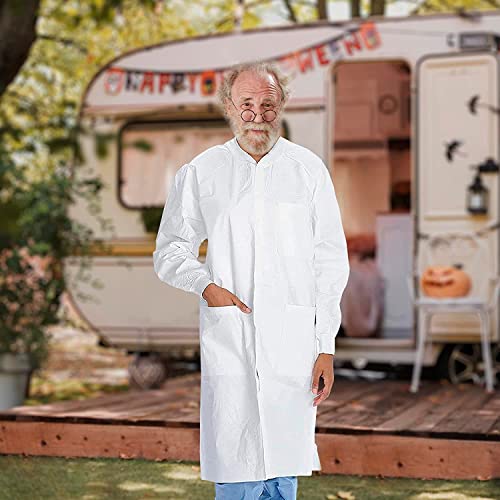 Amz Medical Supply Disposable Lab Coats For Adults Large, White Medical Disposable Clothing 10 Pack, Splash-Proof Sms 40 Gsm Lab Coats Disposable With Long Sleeves, Knit Collar, Cuffs, 3 Pockets #TOP6