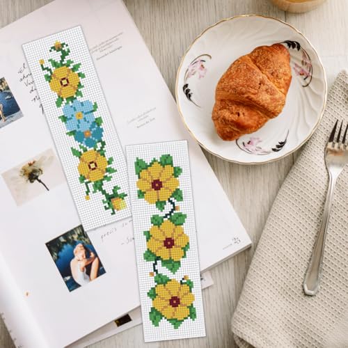 Image of INFUNLY 6 Set Cross Stitch Bookmark Kit Rose Flower DIY Cross Stitch Kit 8 inchx2.4 inch Pre-Printed Sunflower Stamped Embroidery Bookmark with Instruction for Beginners Book Lovers Adults Craft Gift