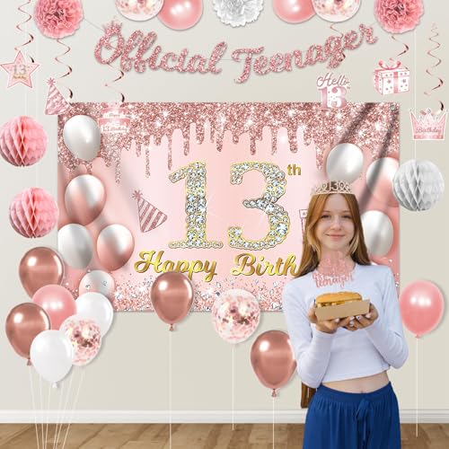 Image of 13th Birthday Decorations for Girls, 13 Birthday Girl Decorations include Official Teenager Decorations Banner, Backdrop, Hanging Swirls, Balloons, Paper Pompoms, Crown And Sash