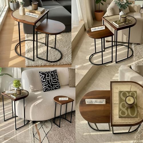Image of Charcoal Rattan Cane Side Table with Glass top - Bohemian Solid Mango Wood Cane Iron Sofa Side end Table - Wood and Cane Nesting Table S#047 (Honey)