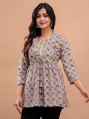 Image of feranoid Women's Cotton Floral Printed Short Kurti Tunic Top