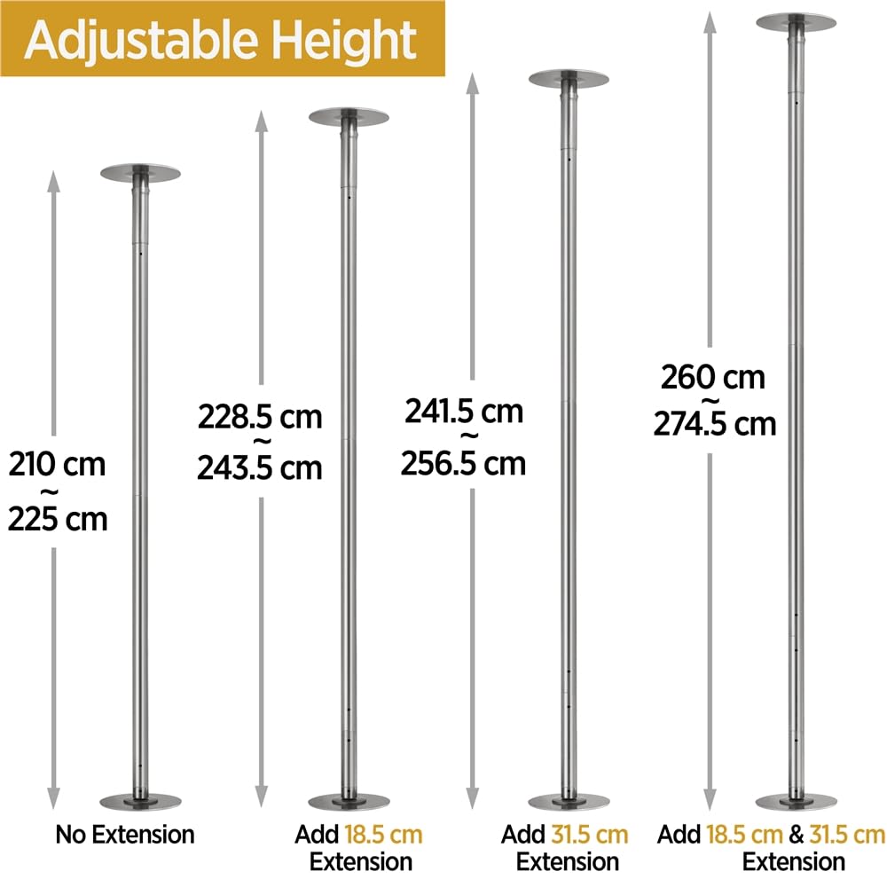 Yaheetech Barre de Pôle Dance Hauteur Réglable 225 cm-274,5 cm Pôle Dance Barre Diamètre de 45 mm Statique et Rotative Charge Maximale 200 kg pour Danse Fitness Exercise