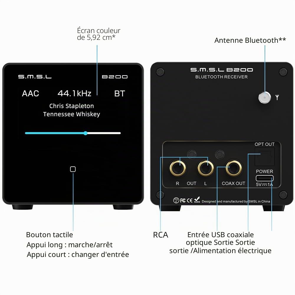 S.M.S.L B200 Hi-Res Digital Audio DAC Bluetooth 5.1/Entrée USB Audiophile Récepteur audio Bluetooth et amplificateur DAC Titre/Affichage d'artiste Écran 2,3" Récepteur audio stéréo Hi-Fi Sortie