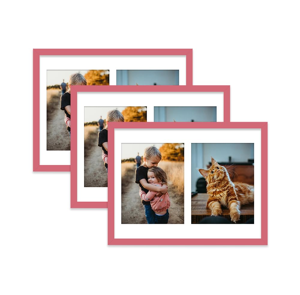 Pink Multi Photo Frame - Holds 2 x 9x7 Pictures, Family Collage Picture Frame for Wall Display, 16x12 Frame size, Set of 3