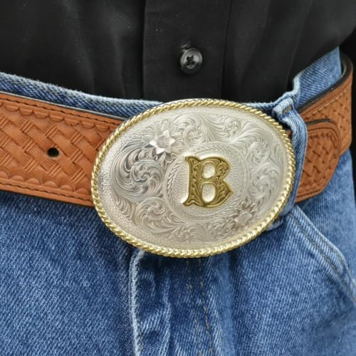 Image of Montana Silversmiths Initial Engraved Gold Trim Western Belt Buckle