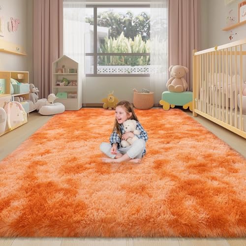 Fluffy Rug for Bedroom, 4x6 Fuzzy Shag Orange Tie Dye Area Rug for Kids Girls Room, Soft Indoor Floor Shaggy Plush Carpet for Living Room Nursery Dorm Home Decor, Upgraded Non-Slip