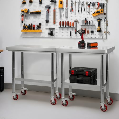 VEVOR Stainless Steel Table, 24 x 30 Inches Food Prep Worktable with Wheels, Kitchen Prep Table with Adjustable Undershelf Workstations for Commercial Kitchen, Restaurant, Hotel and Garage, Outdoor by VEVOR - Image 2