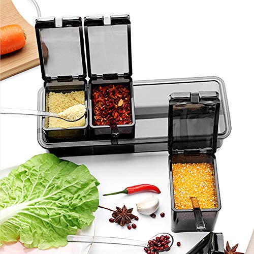 HLTYGWX Barattoli per condimenti, Contenitore per Sale da Cucina, Scatola per condimenti con Cucchiaio, Contenitore per spezie a 4 Scomparti, Contenitore per condimenti per spezie, Zucchero, Sale,