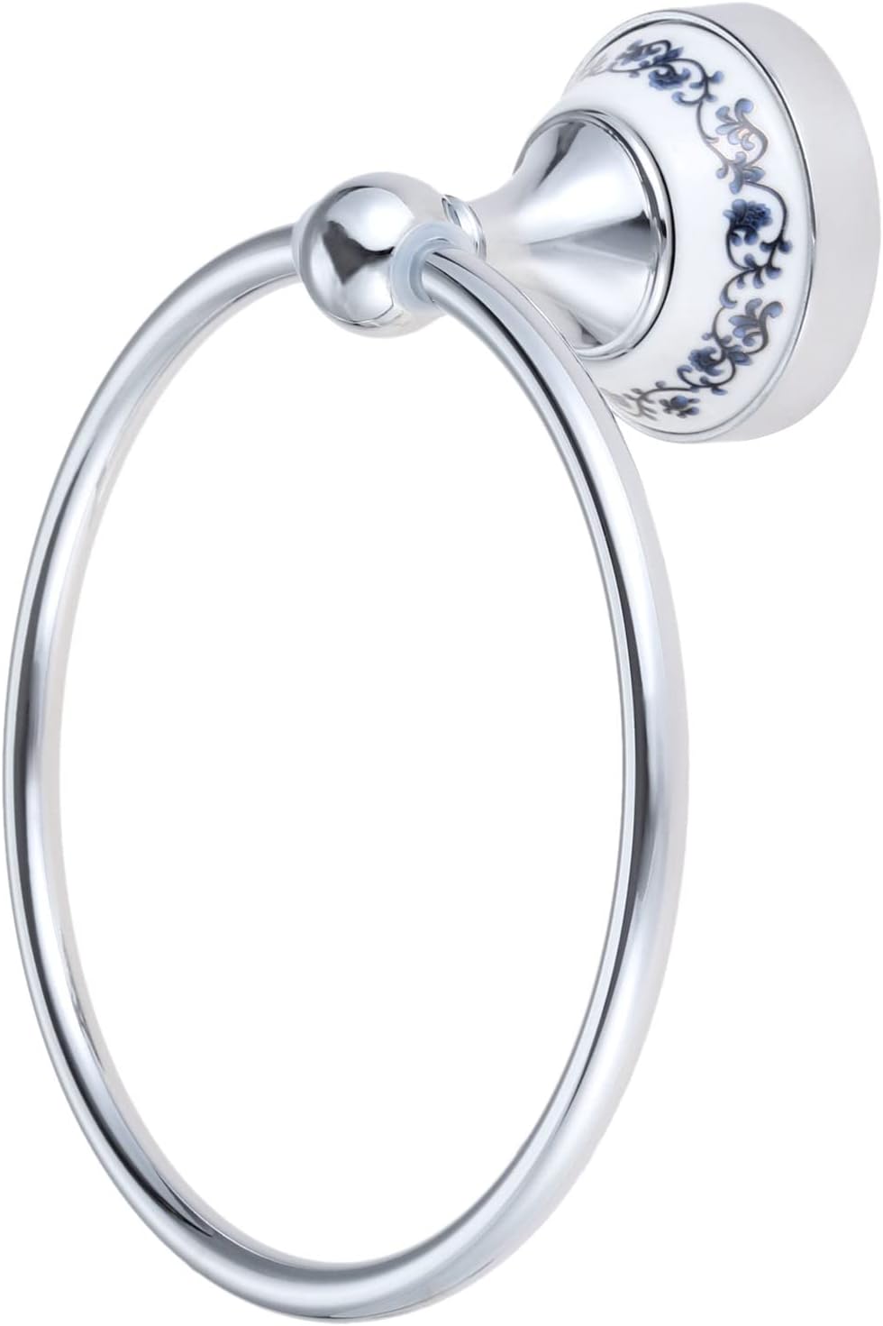 LSLYTQ Silver Towel Ring Hook Holder, Wall Mount Rack Blue & White Porcelain Ceramic Base Stainless Steel Towel Ring, 157mm