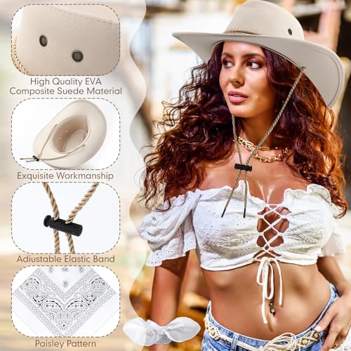 Image of Coume 15 Set Western Cowboy Hat Costume Accessories Paisley Bandanna Cowgirl Hats Bulk for Adult Women Men Dress Party