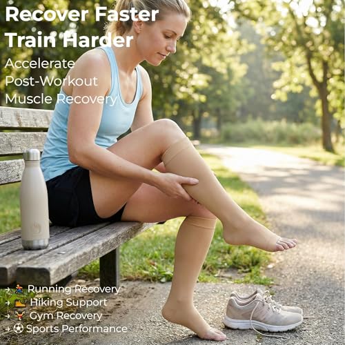 Image of MGANG Plus Size Knee High Compression Socks for Varicose Veins | Graduated Compression, Extra Wide Calf, Circulation, DVT, Swelling, Nurses, Pregnancy, Standing, Office, Flight, Travel