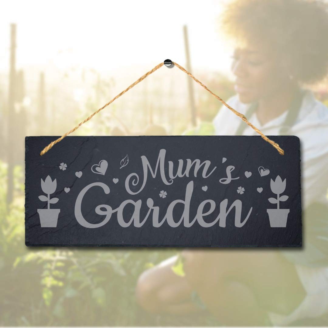 Stukk Mum's Laser Hanging Garden Home Decor Sign, Natural Engraved Slate Stone Plaque, 30x12cm