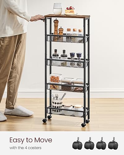 Image of VASAGLE Slim Rolling Cart, 5-Tier Storage Cart, Narrow Carts with Handle, 5.1 Inches Deep, Metal Frame, for Kitchen, Dining Room, Living Room, Home Office, Rustic Brown and Classic Black ULRC034B01