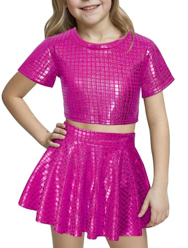 Image of Happy Cherry Kid Girl Shiny Skirt and Top Set 2 Pcs Short Sleeve Metallic Disco Crop Top & Pleated Mini Skirt Set