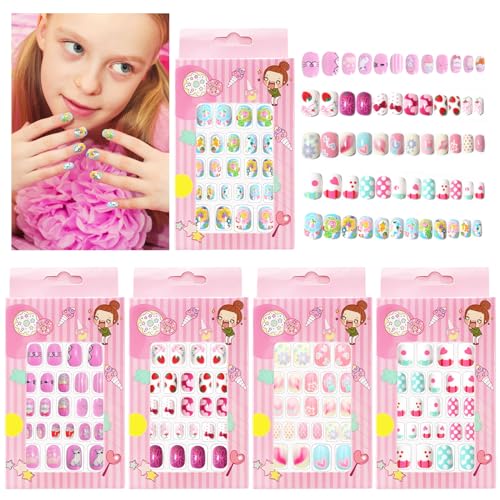 ZOCONE 120 PCS Uñas Postizas de Niñas Cubierta Completa Cortas Uñas Falsas de Niños Dibujos Animados Lindo 5 Cajas, Cumpleaños Navidad Regalo para Niñas Niños (D)