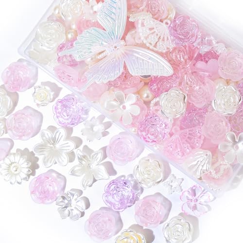 デコパーツ ビーズ ホイップデコ パーツ 【特典ビーズ含む·26セット展開·約110個】 アクリル セット トレカ 硬質ケース デコ 手芸 ハンドメイド デコ 素材 可愛い デコレーション セット アクセサリー 薔薇 パール 貝殻 リボン 蝶 クリア デコトレカケース ロココ調 (【K】ピンク)のサムネイル