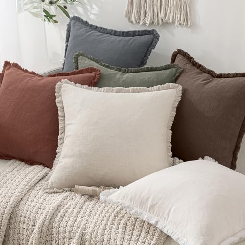 Image of MIULEE Decorative Throw Pillow Covers Neutral Linen Fringe Throw Pillows Set of 2 Grey Boho Farmhouse Cushion Covers with Tassels for Couch Sofa Bed Living Room Spring Decor 18x18 Inch