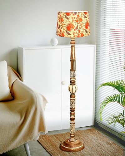 Image of Homesake Royal Carving Antique White Finish Wooden Floor Lamp for Living Room | Light Decoration for Home Corner | Corner Lamp for Living Room Bedside | Floor Light Ornate Patterns Shade, Bird