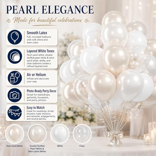Image of Pearl Balloons, 60Pcs Pearl White Balloons, 12 Inch Latex Double Stuff Pearl White Balloons for Wedding Bridal Shower Baby Shower Wedding Anniversary Engagement Neutral Birthday Party Decorations