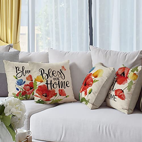 Fahrendom Floral Flowers Decorative Throw Pillow Covers 18 X 18 Set Of 4, Spring Summer Bless Our Home Sweet Home Porch Patio Outdoor Pillowcase Bloom Sofa Couch Cushion Case Home Decor #TOP5