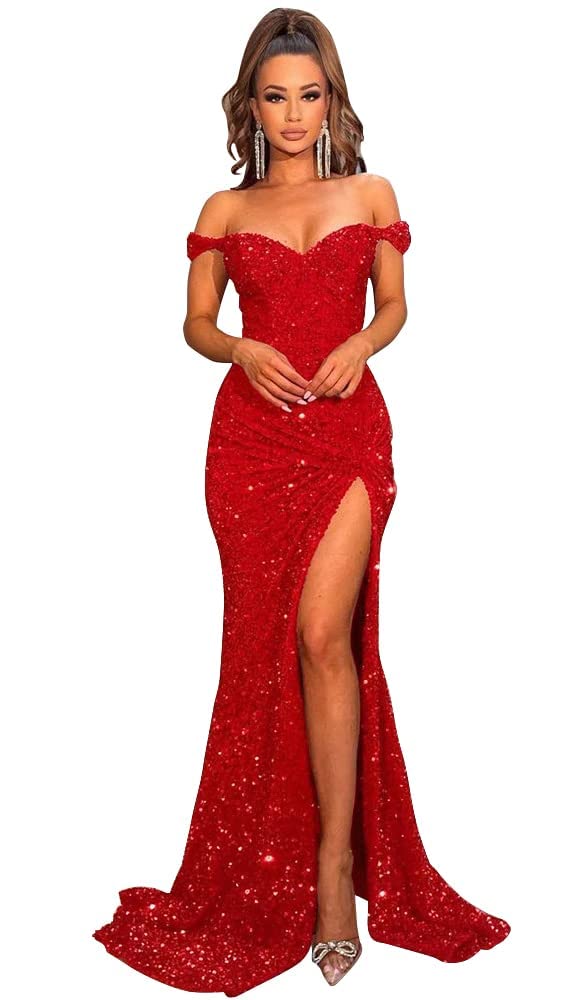 Red Mermaid Prom Dresses Long with Slit Sparkly Sequin Off Shoulder