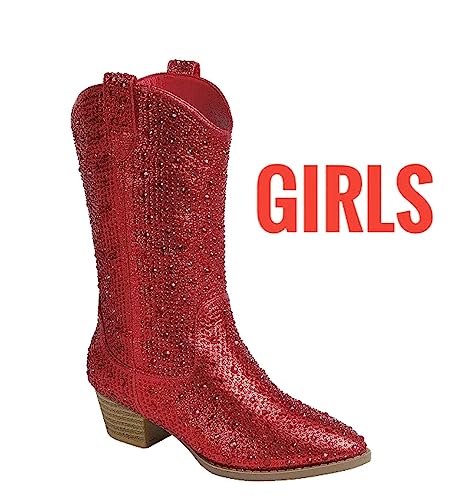 Forever Girls/Kids Rhinestone Western Cowgirl Cowboy Pointed Toe Low Heel Boots River-11K Red 112