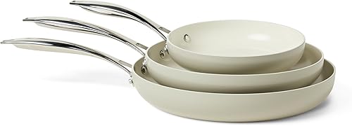 Tienda Basics Ceramic Nonstick Cookware, 3-Piece Set of Pans, All Cooktop Friendly, Dishwasher-Safe, Linen Gray