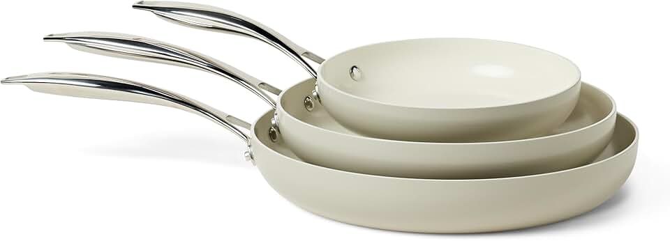Ceramic Nonstick Cookware, 3-Piece Set of Frying Pans, All Cooktop Induction Compatible, Dishwasher-Safe, Oven-Safe, Linen Gray