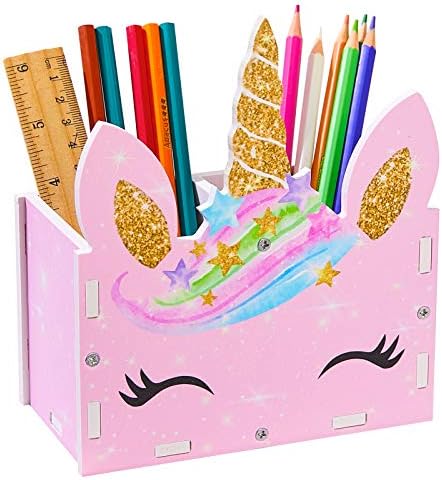 Basumee Pencil Holder for Desk Kids Unicorn Pen Holder Makeup Brush Pot Desk Tidy Home Office Use Desk Organizer 2 Slots,Pink Unicorn