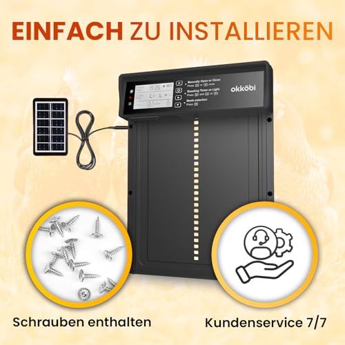 Okkobi Hühnerklappe Automatisch Solar - LCD Display - Automatische hühnerklappe mit Fernbedienung, Lichtsensor & Timer - Sicherheit & Seelenfrieden: Sicherheitsmechanismus - 5 Jahre Schutz