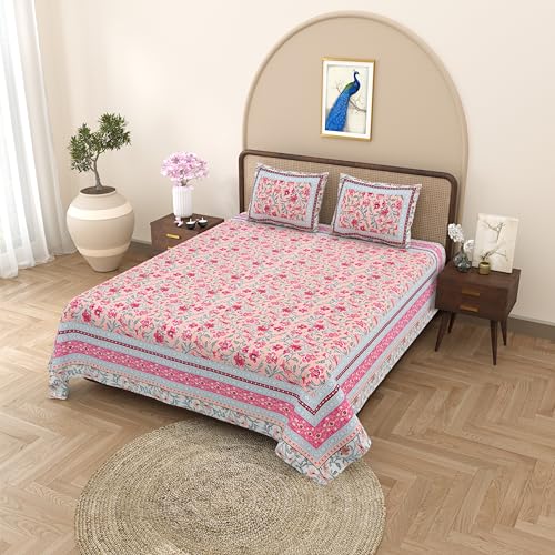 Image of Bedsheet for Double Bed King Size|Jaipuri Rajasthani Cotton Bed Sheet|1 King Size Bedsheet with Pillow Cover|240 TC Jaipuri Prints Flat Double Bed Bedsheet Cotton King Size,Multicolor