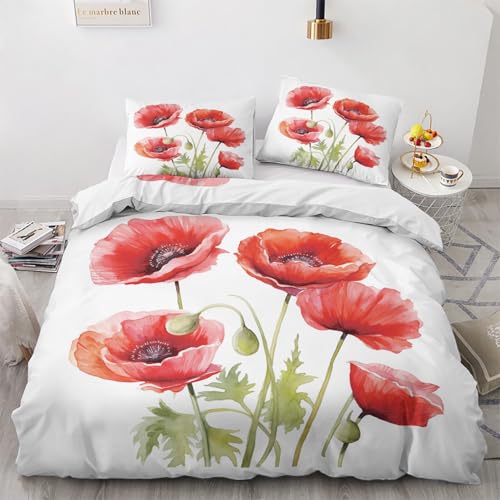 Housse de Couette Coquelicot Rouge 160x200 pour 2 Personnes - Parure de Lit Imprimée Fleur De Coquelicot, 2 Taies d'oreiller 65x65, Linge de Lit Microfibre...