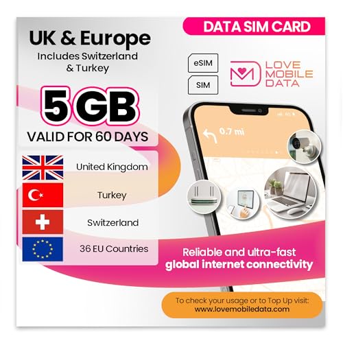 Love Mobile Data Only Sim Card - International Multi-Network 4G/5G Prepaid Pay As You Go Data Sim for Mobile Phones, WiFi Routers, & More, Europe, UK, Switzerland & Turkey - 5GB for 60 Days